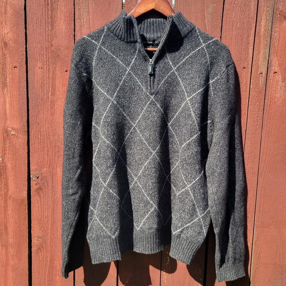 Newton Trading Co Mens XXL Gray Merino Wool Cashmere Argyle Quarter Zip Sweater